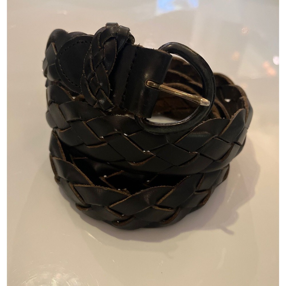 Lands End Womens 1.5” Black Leather Woven Belt Cow Hide Sz. Lg. 33-36 EUC